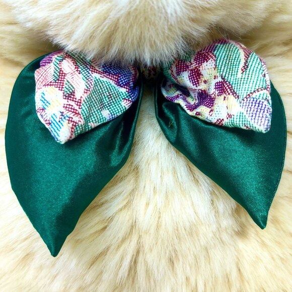 Vintage Plush Teddy Bear Beige With Puffy Green & Floral Bow Tie Unbranded  18" - Picture 3 of 6